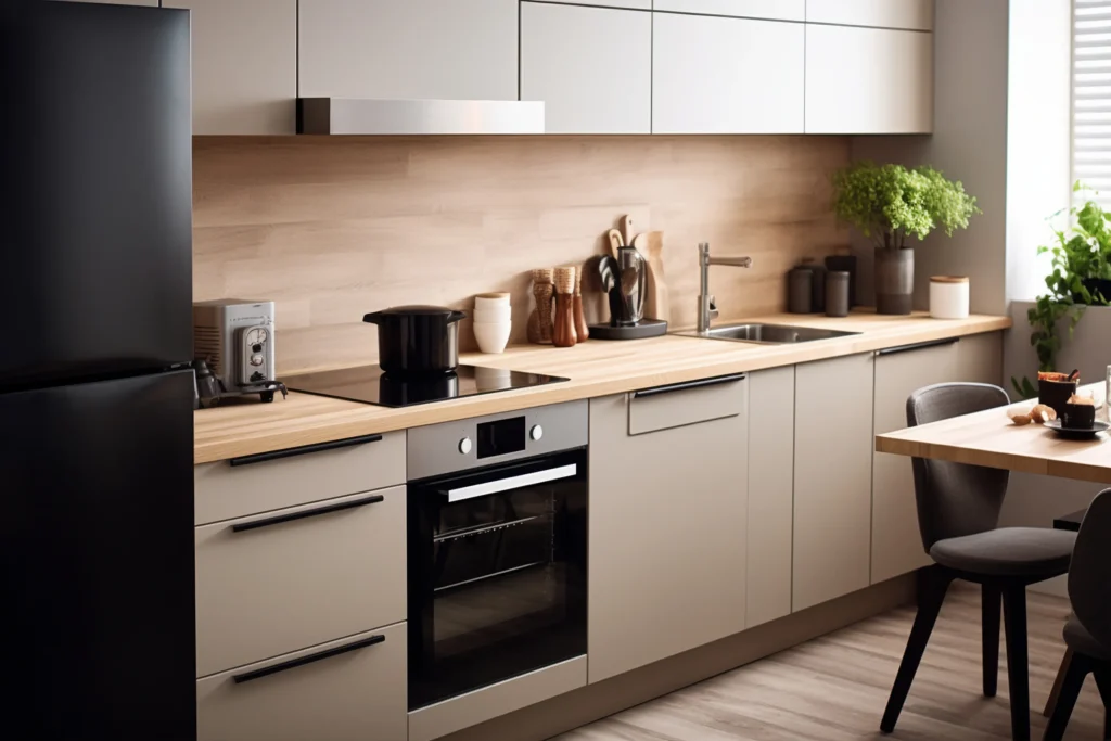 Modern kitchen with beige cabinets, wood backsplash, and built-in lighting—Truxtun warm contemporary design