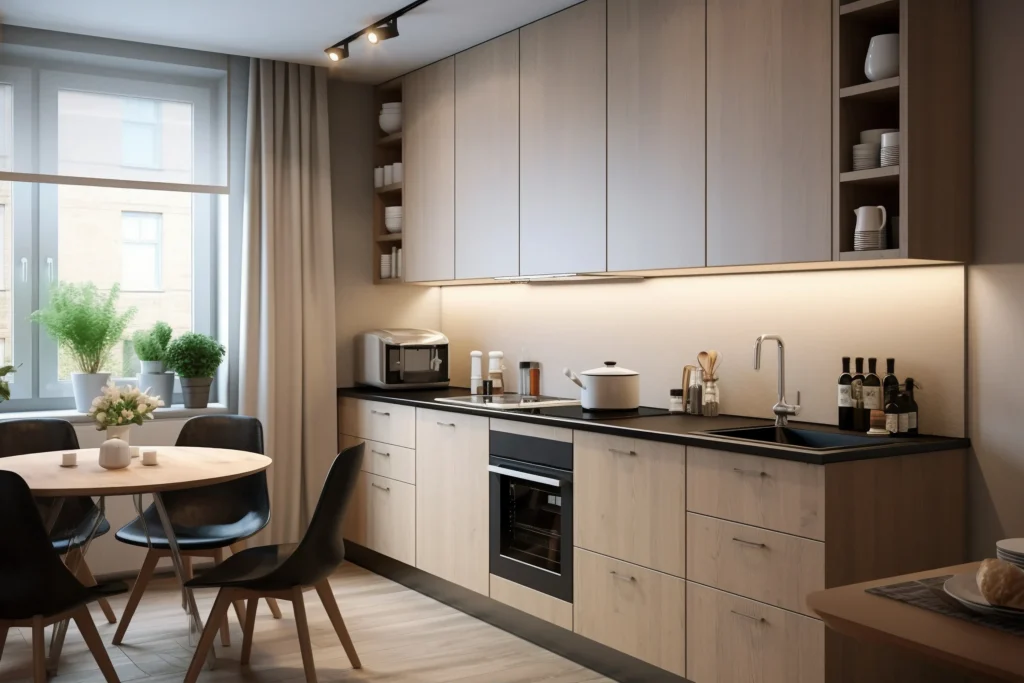 Neutral kitchen with integrated appliances and compact dining area—Truxtun space-efficient kitchen layout