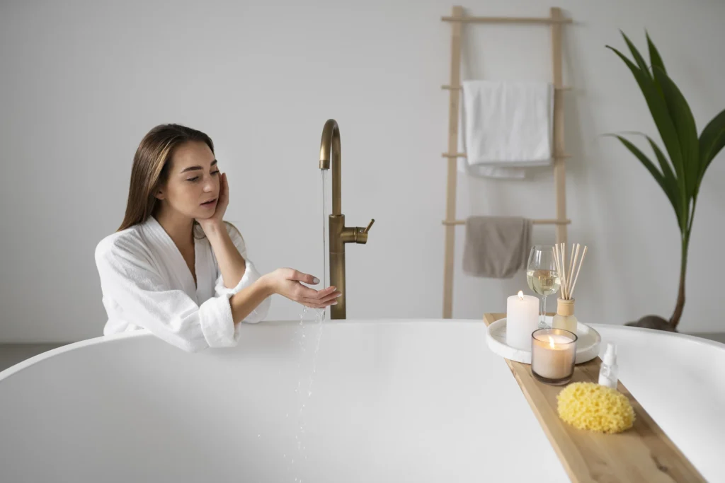 Woman enjoying a peaceful bath with candles and towel rack—Truxtun luxury bathroom experience