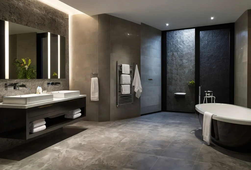 Contemporary luxury bathroom with dual vanities, freestanding tub, stone accent walls, and walk-in shower—custom design by Truxtun Building Group in Charlotte, NC