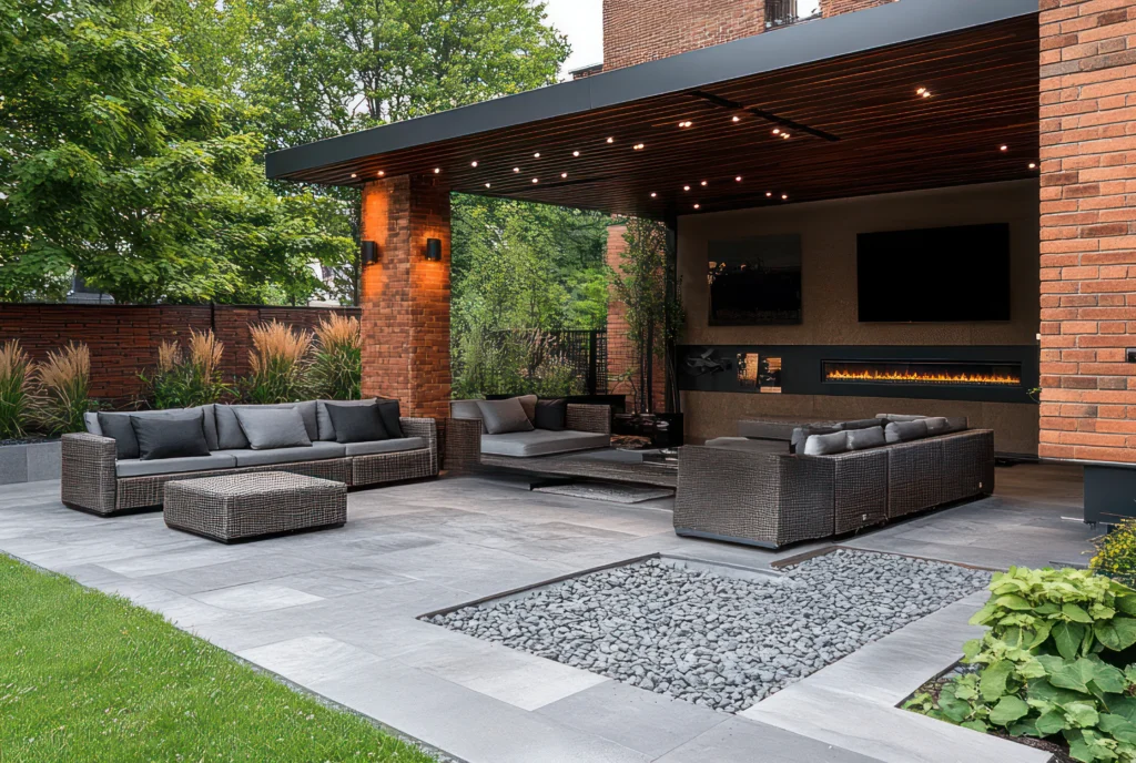Modern covered patio with brick columns, recessed lighting, outdoor fireplace, and wicker seating—custom backyard design by Truxtun Building Group in Charlotte, NC