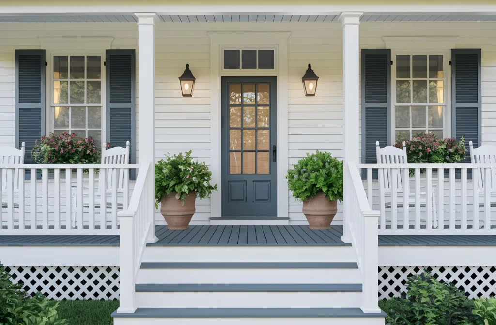 Woman standing on a covered deck with modern black pergola—Truxtun outdoor living addition